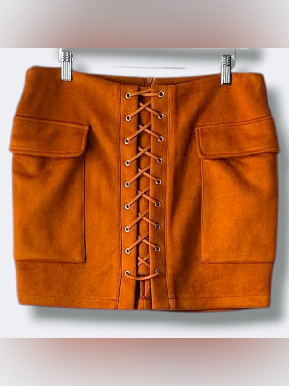 Boohoo Night Rust Faux Suede Lace-Up Mini Skirt - Size 10